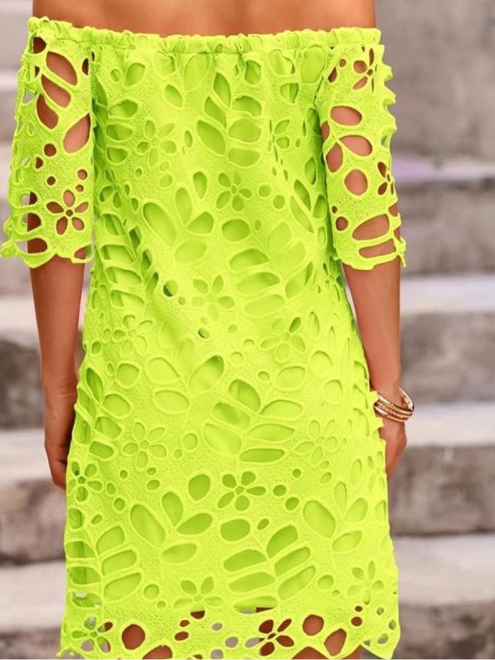 PRETTYGARDEN Neon Lime Off-Shoulder Floral Lace Dress NWOT - Picture 3 of 3